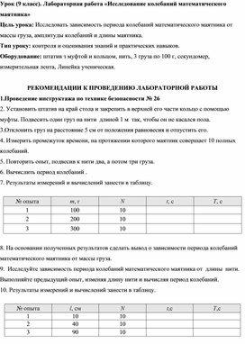 Обложка для материала Урок "Лабораторная работа Исследование колебаний математического  маятника"