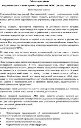 Рабочая программа внеурочной деятельности в рамках требований ФГОС (5 класс) «Мой двор»