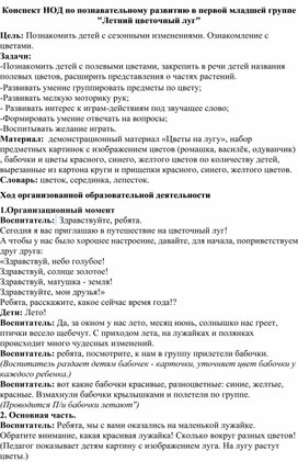 Конспект НОД по познавательному развитию в первой младшей группе "Летний цветочный луг"