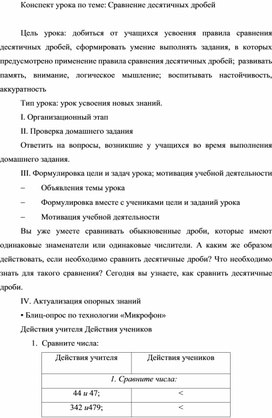 Конспект урока по теме: Сравнение десятичных дробей