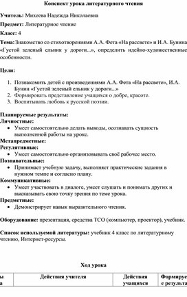 А.А. Фета «На рассвете», И.А. Бунина «Густой зеленый ельник у дороги...»,