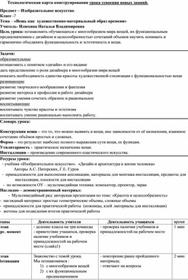 Обложка для материала Технологическая карта к уроку изо Вещь как художественно-материальный образ времени