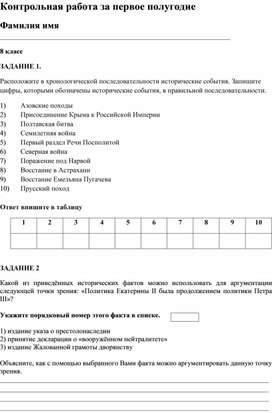 Обложка для материала Полугодовая контрольная работа. История России 8 класс