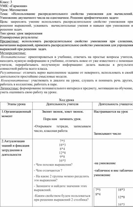 Конспект урока по математике по теме "Использование распределительного свойства умножения для вычислений" 3 класс