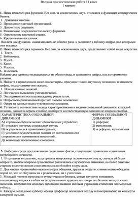 Входная диагностическая работа по обществознанию 11 класс