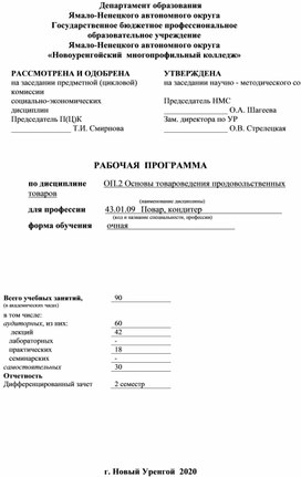 РАБОЧАЯ  ПРОГРАММА  по дисциплине        ОП.2 Основы товароведения продовольственных товаров для профессии 43.01.09 Повар, кондитер