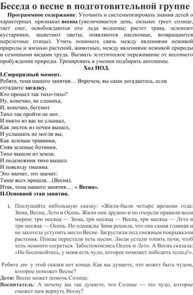 Беседа о весне в подготовительной группе.