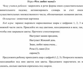 Обложка для материала Игра  по теме "Мамин день" -  «Что любит мама!» (старшая группа)