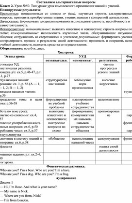 План конспект урока английского языка в 5 классе