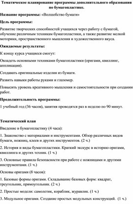 Обложка для материала Тематическое планирование программы дополнительного образования по бумагопластике