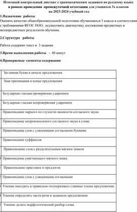 Итоговый контрольный диктант с грамматическим заданием по русскому языку  в рамках проведения  промежуточной аттестации для учащихся 3х классов  на 2023-2024 учебный год