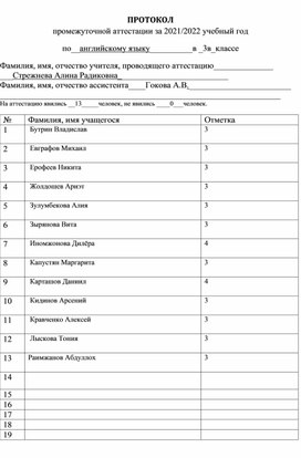 Протокол промежуточной аттестации по английскому языку.