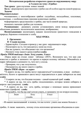 Методическая разработка открытого урока по окружающему миру  в 3 классе на тему: «Грибы»