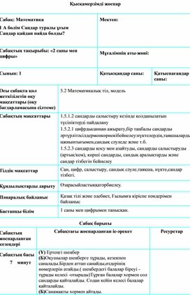 Сандар және цифрлар 2 саны және цифры ҚЫСҚАМЕРЗІМДІ САБАҚ ЖОСПАРЫ