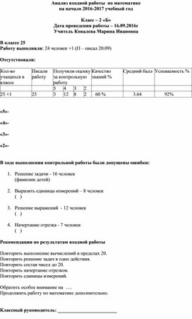 Анализ входной по математике 3 класс