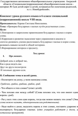Конспект урока по русскому языку в 6 классе специальной (коррекционной) школе  VIII вида.