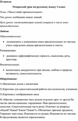 Урок  русского  языка на тему : " Число  имен  прилагательных"