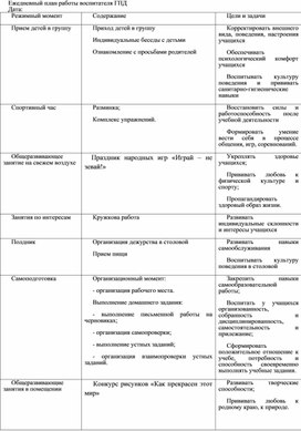 План работы воспитателя ежедневный план