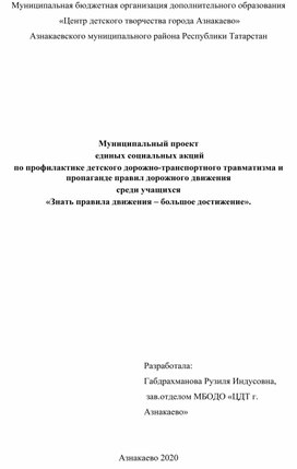 Муниципальный проект единых социальных акций по безопасности дорожного движения