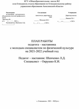 ПЛАН РАБОТЫ  педагога – наставника  с молодым специалистом по физической культуре  на 2021-2022 учебный год