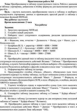 Обложка для материала Преобразование в таблицу существующего текста. Работа с данными в таблице: сортировка, добавление в ячейку формулы для выполнения простого расчёта
