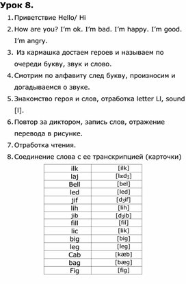 План урока № 8. Контроль пройденных букв. Изучение L.