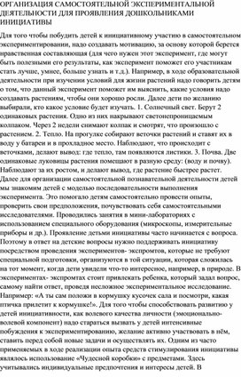 ОРГАНИЗАЦИЯ САМОСТОЯТЕЛЬНОЙ ЭКСПЕРИМЕНТАЛЬНОЙ ДЕЯТЕЛЬНОСТИ ДЛЯ ПРОЯВЛЕНИЯ ДОШКОЛЬНИКАМИ ИНИЦИАТИВЫ