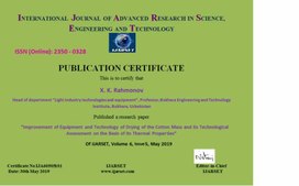 Improvement of Equipment and Technology                 of Drying of the Cotton Mass and its      Technological Assessment on the Basis of its                                        Thermal Properties