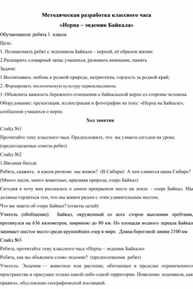 Методическая разработка классного часа "Нерпа - эндемик Байкала"