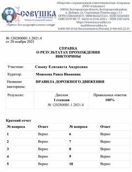 Обложка для материала № 1202800В1.1.2021.4 от 20 ноября 2021  СПРАВКА О РЕЗУЛЬТАТАХ ПРОХОЖДЕНИЯ ВИКТОРИНЫ  Участник: 	Спыну Елизавета Андреевна Куратор:	Моисеева Раиса Ивановна Название  викторины:	ПРАВИЛА ДОРОЖНОГО ДВИЖЕНИЯ