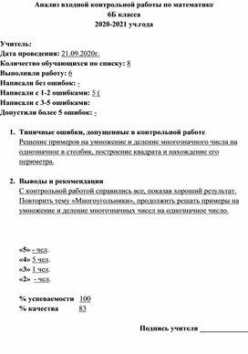 Анализ входной к.р. по математике 6 класс УЩ