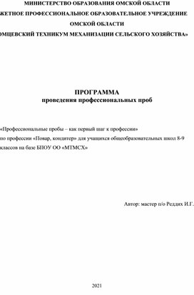 Обложка для материала ПРОГРАММА проведения профессиональных проб