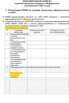 Рабочая программа по информатике для учащихся с ОВЗ (ТНР), 3 класс