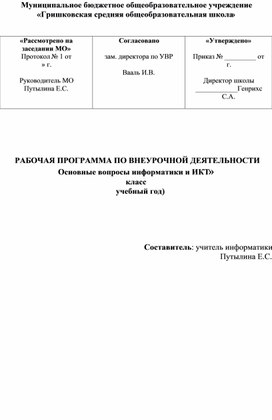 РАБОЧАЯ ПРОГРАММА ПО ВНЕУРОЧНОЙ ДЕЯТЕЛЬНОСТИ «Основные вопросы информатики и ИКТ»  10 класс