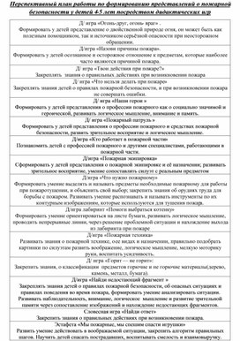 Обложка для материала Перспективный план работы по формированию представлений о пожарной безопасности у детей 4-5 лет посредством дидактических игр.