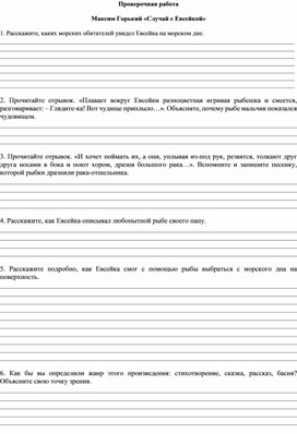 Проверочная работа по произведению Максима Горького «Случай с Евсейкой»