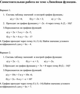Обложка для материала Карточки для самостоятельной работы по теме «Линейная функция».