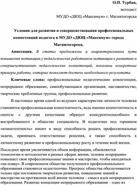 Условия для развития и совершенствования профессиональных компетенций педагога в дополнительном образовании