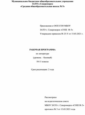 Рабочая программа по литературе 10-11 класс