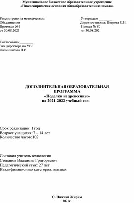 Программа дополнительного образования "Поделки из древесины".