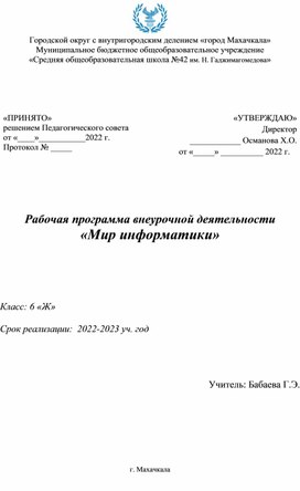 Обложка для материала Рабочая программа внеурочной деятельности «Мир информатики»