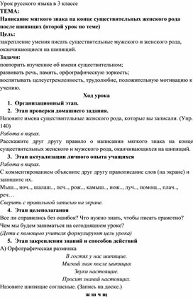 Написание мягкого знака на конце существительных женского рода после шипящих  3 класс