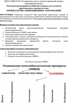 Рабочая тетрадь для самостоятельной аудиторной работы по ПМ.01 МДК 01.03