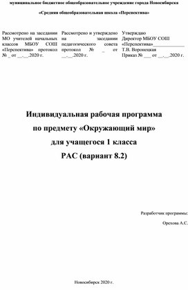 Индивидуальная рабочая программа по предмету «Окружающий мир» для учащегося 1 класса с РАС (вариант 8.2)