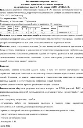 Аналитическая справка - анализ входного контроля по английскому языку в 5 классе