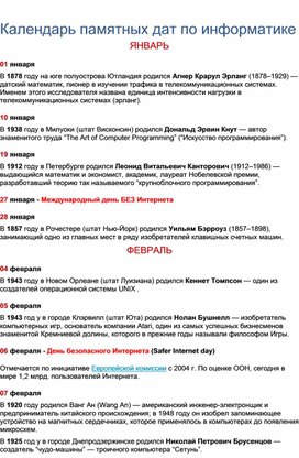 Календарь памятных дат по информатике