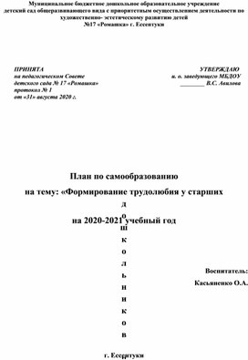 Обложка для материала План по самообразованию "Трудовое воспитание дошкольников"