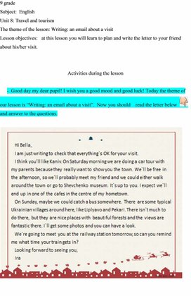 Маршрутный лист для 9 класса по теме : "Writing: an email about a visit." для дистанционного обучения