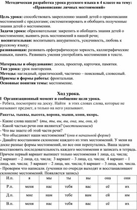 Методическая разработка урока русского языка в 4 классе на тему:«Правописание личных местоимений»