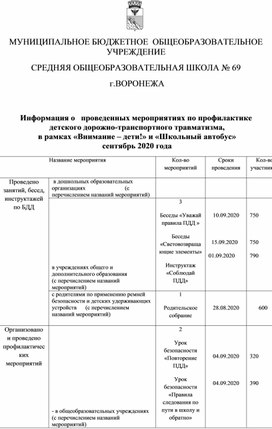 Информация о   проведенных мероприятиях по профилактике  детского дорожно-транспортного травматизма,  в рамках «Внимание – дети!» и «Школьный автобус»   сентябрь 2020 года